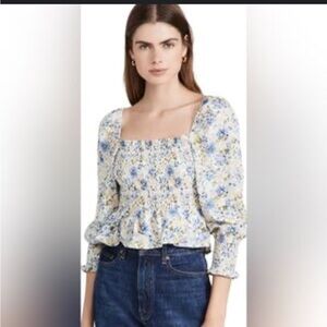 Anthropologie En Saison floral smocked puff balloon sleeve blouse cottage blue L